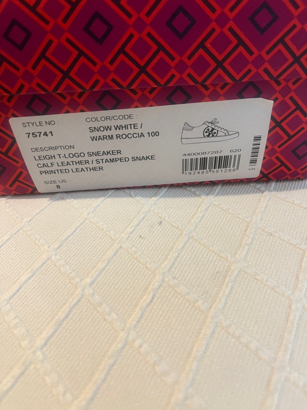 Tory Burch White Leather Sneakers with Black Logo and Snake-Print Heel - Picture 3 of 3